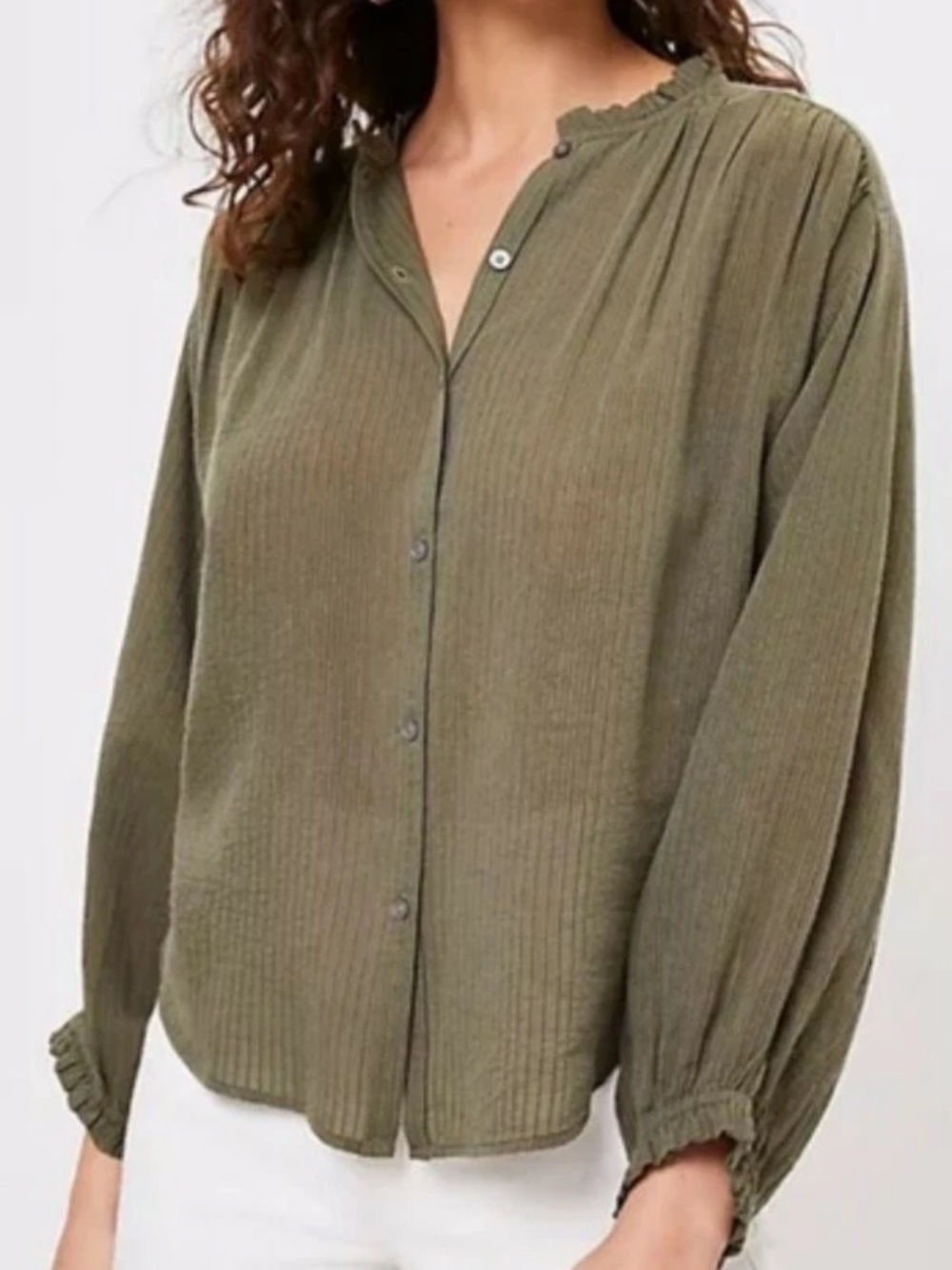 LOFT Women Olive Green Button-Front Balloon Sleeve Blouse Flowy Ruffle size M